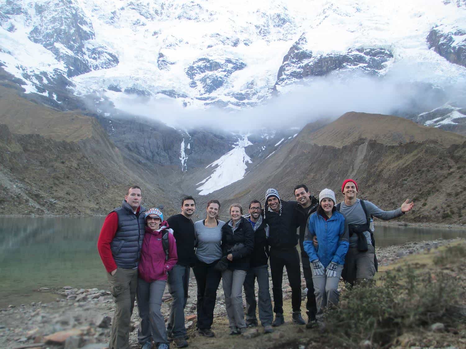 Trekkers gathered at a camp on the Salkantay route