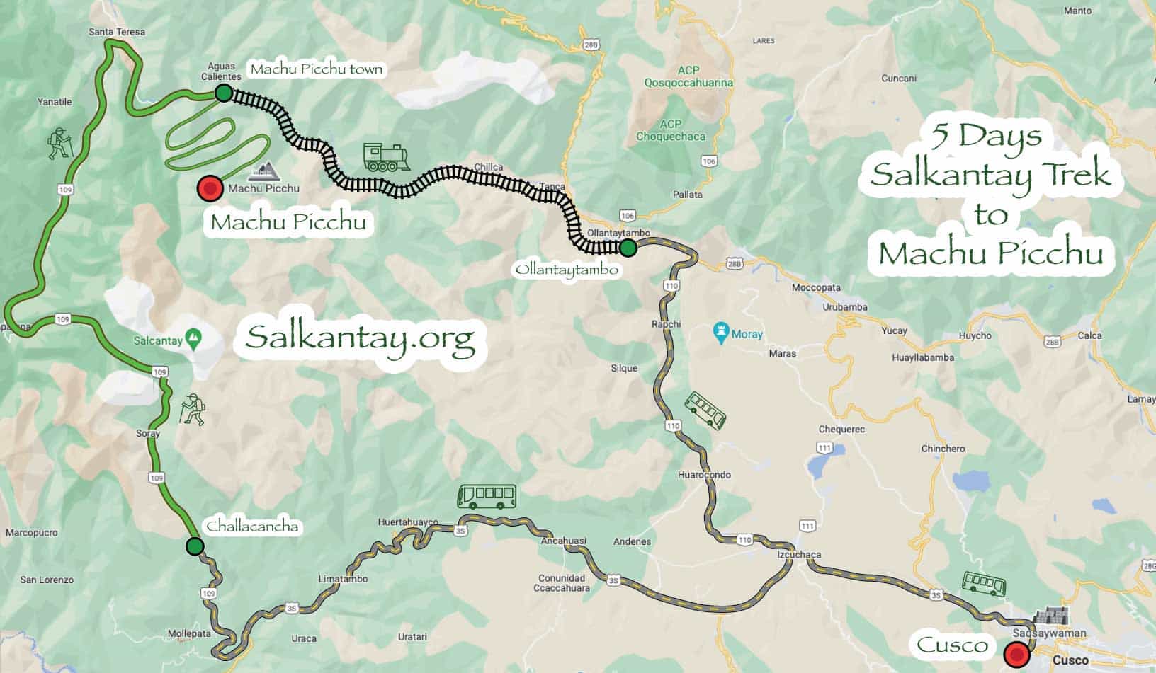 Map of the 5-day Salkantay Trek route from Cusco through Challacancha and Santa Teresa to Machu Picchu
